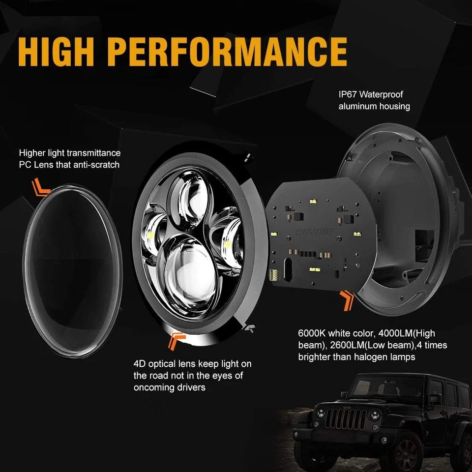 Luz proyectora faros redondos de 7 pulgadas luz alta baja doble haz para camión coche 4x4 2 piezas Foto 4 de 4