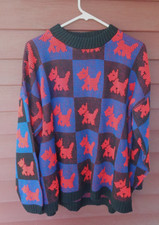 Vintage 80's Turning Point SCOTTIE DOG Acrylic SWEATER Red Blue Black Women's