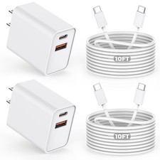 10FT iPhone 17/16e Fast Charger,2Pack 20W Dual Port USB C-C, White/White