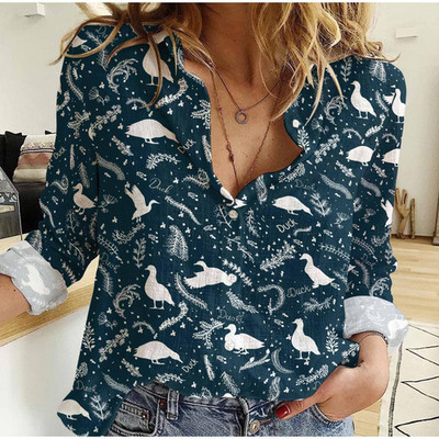 Duck Navy Pattern Blouse Shirt Funny Duck Shirt Linen Shirt Women