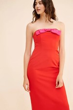 NWT Anthropologie Flat White Bow Midi Dress XS Strapless Formal Red Pink