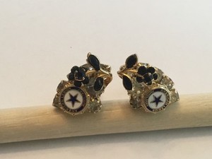 VINTAGE American Legion Auxiliary Clip On Earrings Blue & Clear Rhinestones