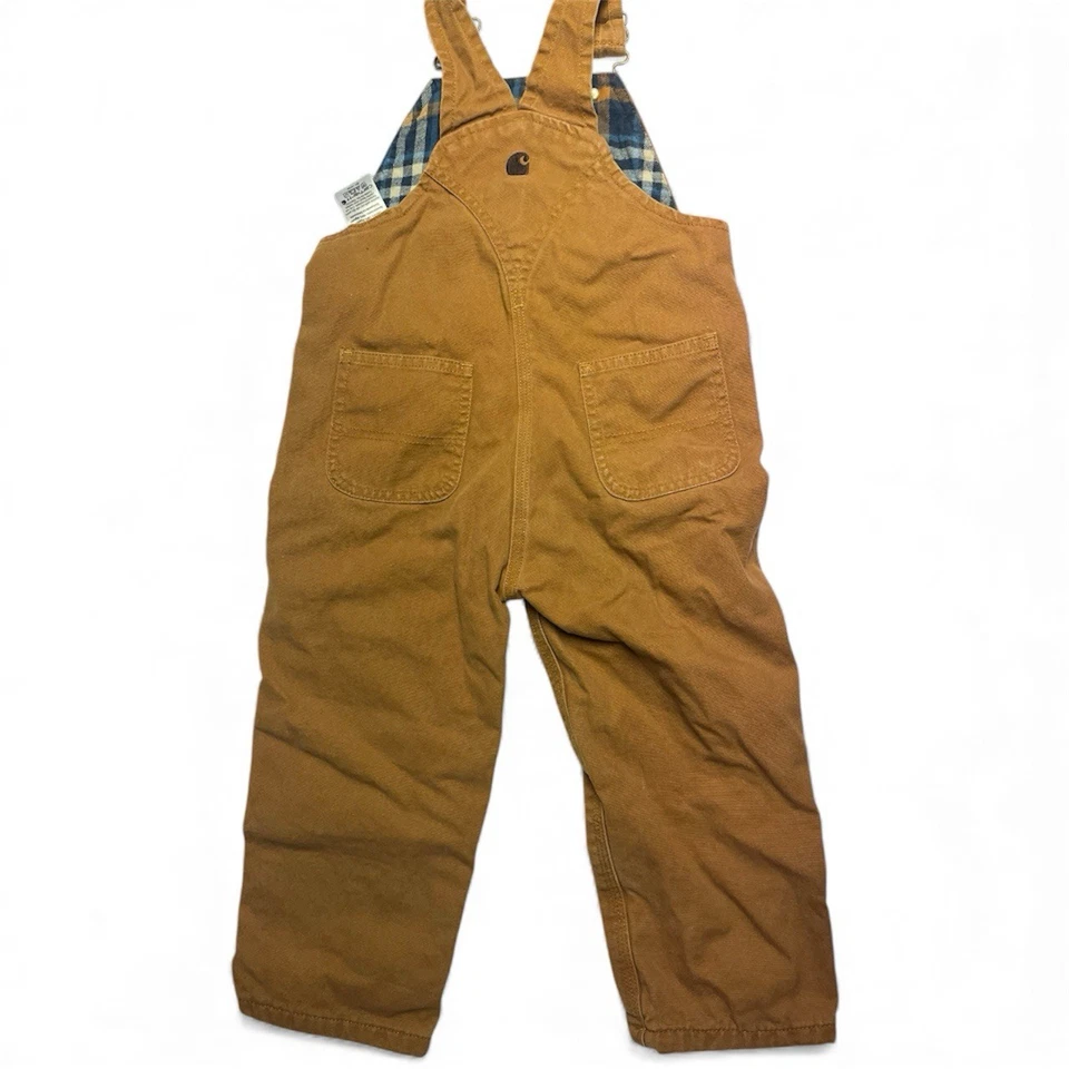 Carhartt Brown Camel Bib Overalls Plaid Flannel Lined Double Knee - Size 3T - Image 2 of 4
