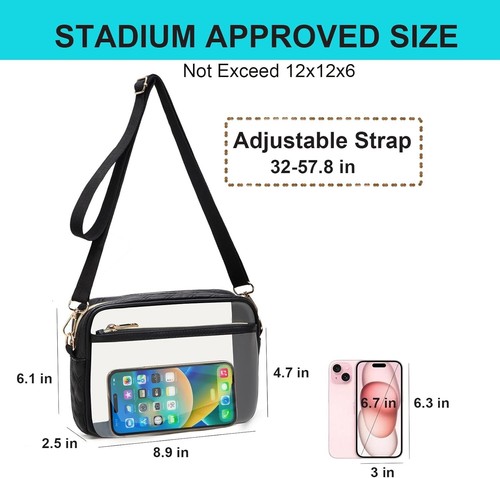Clear Crossbody Purse Hand Bag-Stadium Approved Concerts-Quilted Trim Adj. Strap - Picture 7 of 16