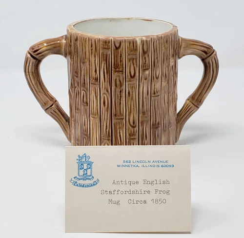 Antique English Staffordshire 'Bamboo' Double-Handled Mug w/ Two Frogs c1850