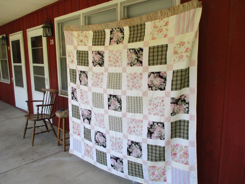 CORTINA DE DUCHA de algodón hecha a mano ÚNICA bonita rosa verde oliva calidad retazos Foto 3 de 4