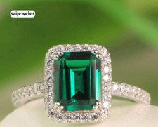 Emerald Cut 2CT Genuine Emerald Engagement Wedding Halo Ring 14K White Gold Over