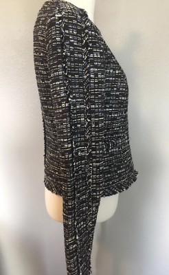 Veste Courte Festonnée Banana Republic - Taille 12 - Tweed Bleu Gris à Franges - Neuf Avec étiquettes