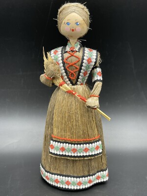 Vintage Wood & Corn Husk Doll w/ Embroidery  Belarus Russian Handmade 10 