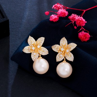 Gold Plated Lily Flower Drop Pearl Dangle Earrings Women Wedding Zircon Jewelry