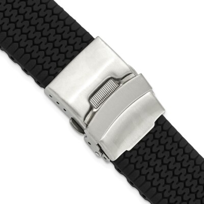 20mm 7.25'' Black Tread Design Silicone Silver-tone Deploy Buckle Watch Band