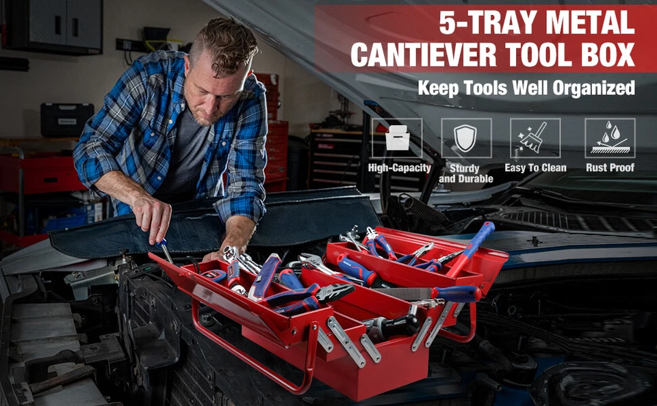 18" Metal Tool Box Cantilever Folding Storage Box 3-Layers 5-Tray Tool Organizer - Image 4 of 4