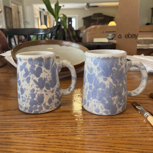 Two Bennington Pottery mugs blue sponge 4.25 inches tall vintage.