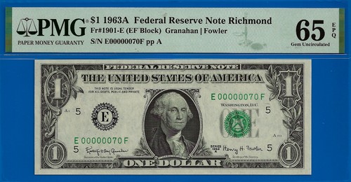 1963 $1 Federal Reserve Note PMG 65EPQ Birthday/Anniversary Fancy low Serial