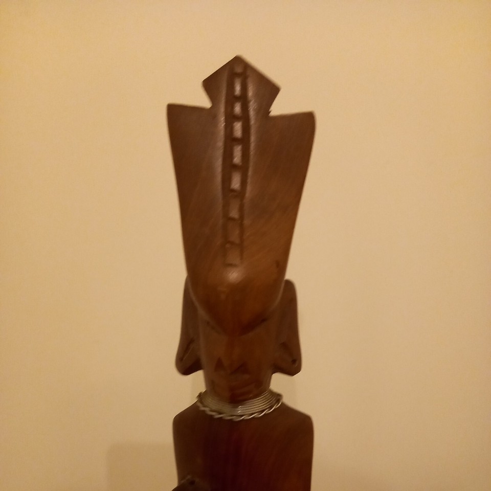 Vintage Wood Carved African Tribal Statue Figure Warrior Metal Neck