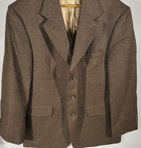 Vintage Robert Stock Blazer Men 42S Brown Blue Tweed Plaid Lambswool - Picture 3 of 8