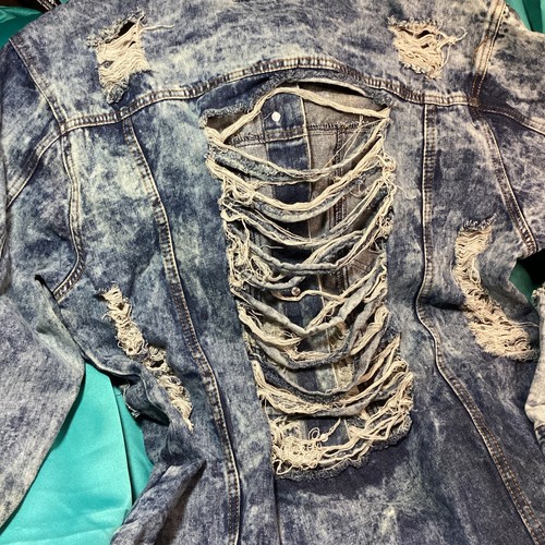 Thrill Jean Jacket Womens Size 2X Blue Denim Distressed Long Sleeve Collared - Picture 13 of 13