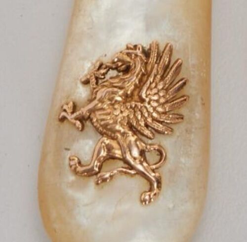 Antikes französisches Sterlingsilber 950 Mop Messer 18 Karat Gold heraldisches Wappen geflügelter Löwe - Bild 9 von 10