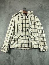 Womens Jackets Large Pea Coat Hooded Ymi Ivory Check Wool Blend Double Breast