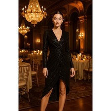 NWT Mac Duggal 26549 Sequined High Low Front Twist Midi Dress Black Size 12