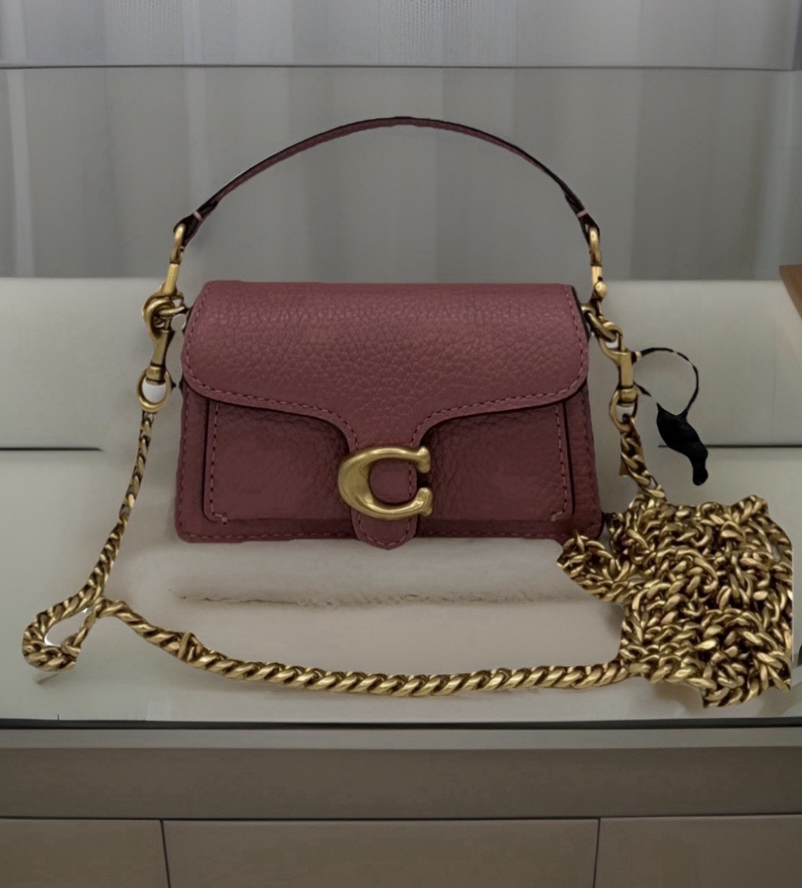 💞NEW Coach👛Tabby Bag Charm👛Pebble Leather✨Chain Strap✨Peony Pink CZZ00 thumbnail 3