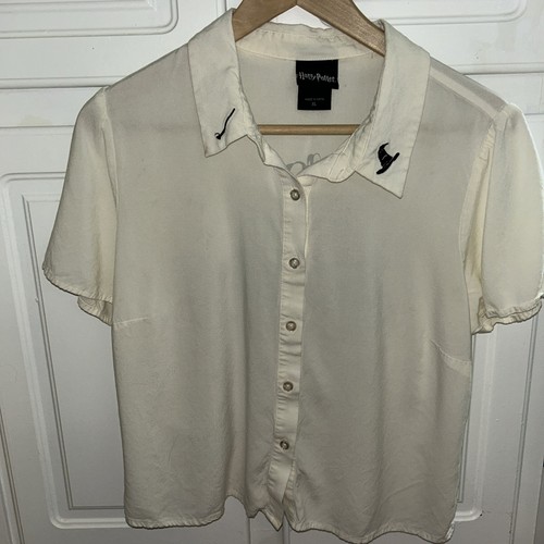 Harry Potter Black Embroidery Button Short Sleeve Blouse Women’s XL Cream-used!