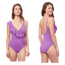 Gottex Warm Purple Tutti Frutti V-Neck Ruffle One Piece Swimsuit 16 NWT