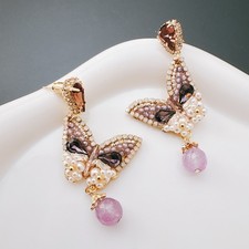Boho Butterfly Drop Earrings Crystal Pearl Dangle Spring Summer Gift for Her