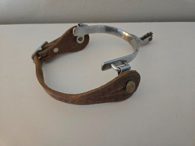 Vintage Single Metal Spur With 10 Point Brass Rowel ~ Leather Strap With Design