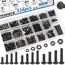 516Pcs Black Nuts and Bolts Assortment Kit 21-Sizes M3/M4/M5/M6 Nut Bolt Washer