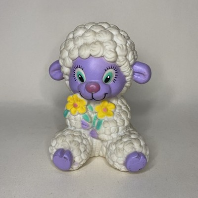Shelcore Squeeze-a-Mals Gummi Baby Lamm Spielzeug lila weiß ohne Quietschen Vintage 1985