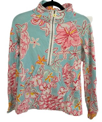 LILLY PULITZER Skipper 1/2 Zip Blue Pink Beachy Popover Tropical Print Top XS