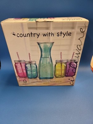 Circleware 9 Piece Set Country With Style Carafe Mason Jar Straw Lid