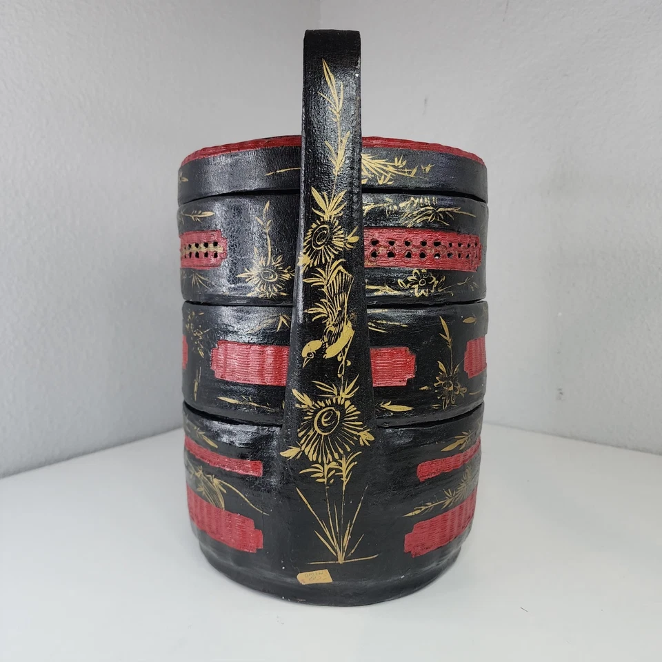 Cesta de boda vintage asiática de laca negra de 3 niveles floral pintada a mano de bambú Foto 2 de 4