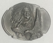 Vintage 1989 Siskiyou Buckle Co. Pewter Belt Buckle Indian Chief & Eagle