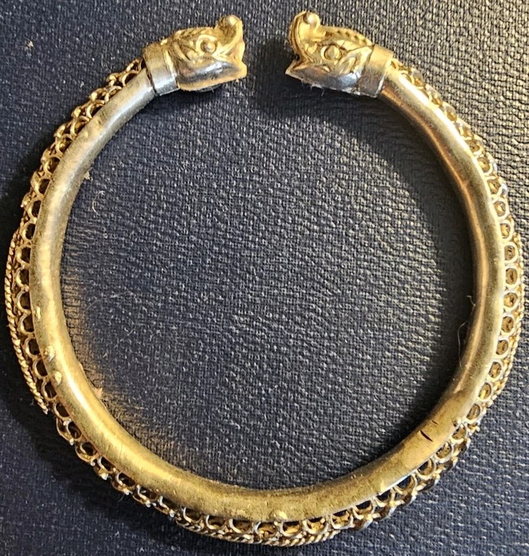 Sterling Silver Twin Elephant Head Mythic Hollow Network Large Cuff Bracelet