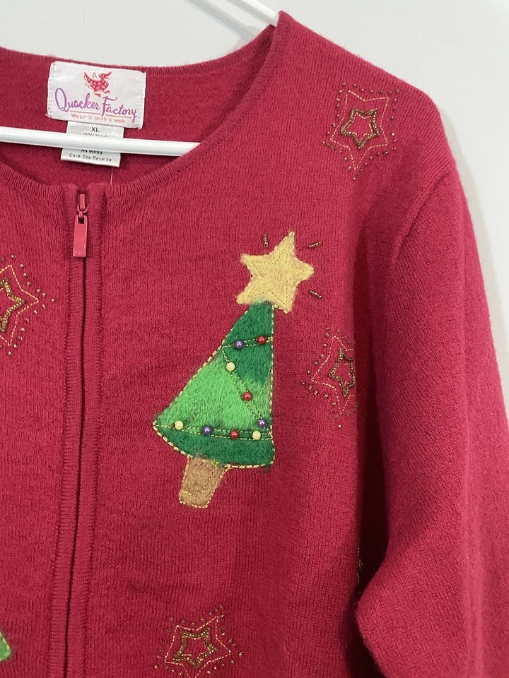 New Quacker Factory Christmas Cardigan Sweater womens sz XL Trees wool red zip - Image 3 of 4