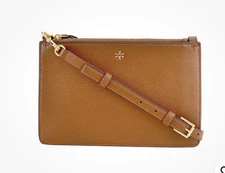 Tory Burch Kira Moose/brown Pebble Leather Double Zip Slim Crossbody Bag