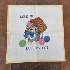 Vintage Counted Cross Stitch Needlepoint Love Me Love My Cat Kitten Wall Decor