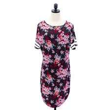 Bobbie Brooks XL Black Pink Floral Short Sleeve Round Neck Polyester Dress