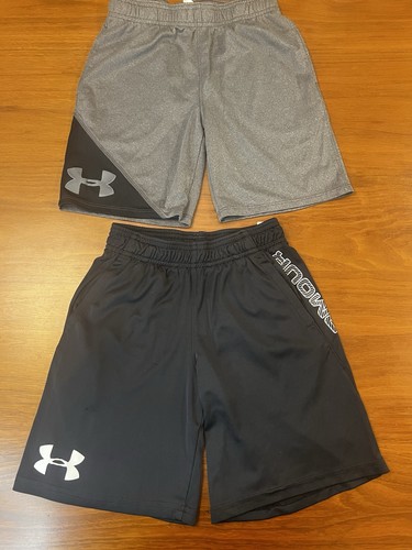 Under Armour Boys Athletic Shorts Lot of 2 YXS Black Gray Drawstring Pockets
