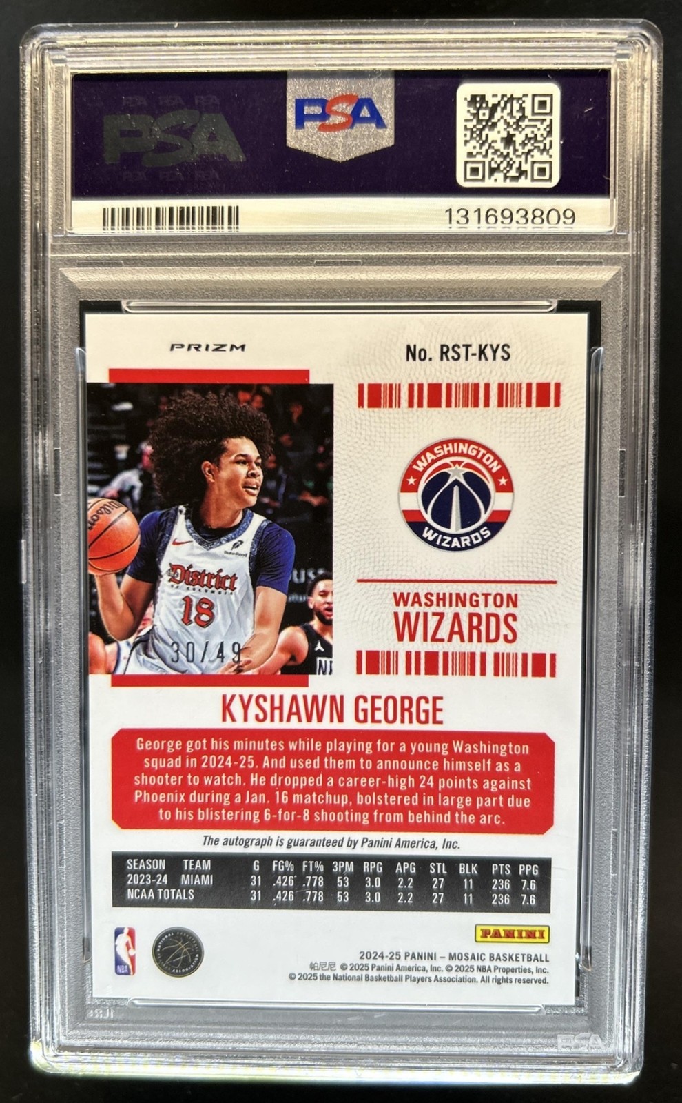 2024-25 Mosaic Kyshawn George Contenders Optic Rookie RC Blue Auto #/49 PSA 9 view 2