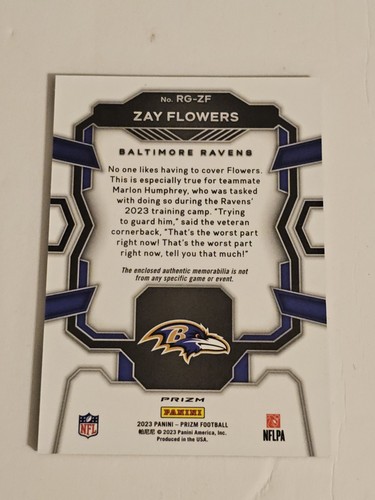 Tarjeta AFILADA Zay Flowers RC Rookie Gear 2023 Panini Prizm # RG-ZF Baltimore Ravens - Imagen 4 de 5