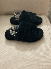 UGG Fluff Yeah Slide Women's Black Fur Slippers Logo Strap US Size 6