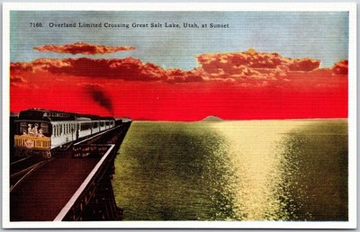 Utah UT, Great Salt Lake Overland Limited Train, Sunset Trestle Bridge, Postcard