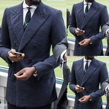 Navy Blue Seersucker Mens Suits Peak Lapel Blazer Leisure Double Breasted Jacket