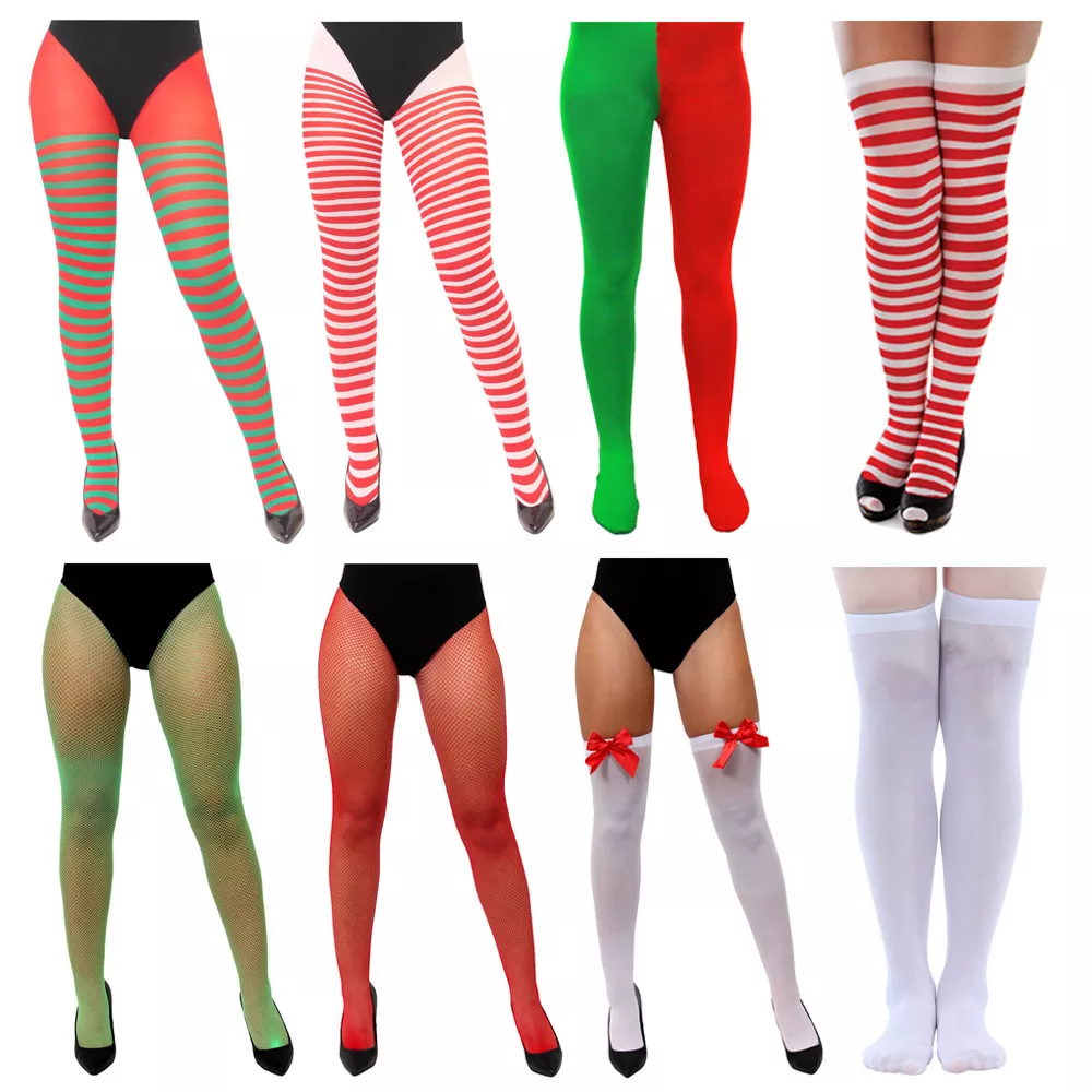 LADIES CHRISTMAS TIGHTS STOCKINGS FESTIVE ELF MRS CLAUS ACCESSORY FANCY DRESS