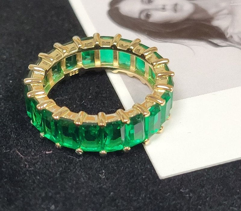 Sterling Silver 925 Gold overlay Green Emerald CZ Eternity Band Ring, Sz 5, NEW