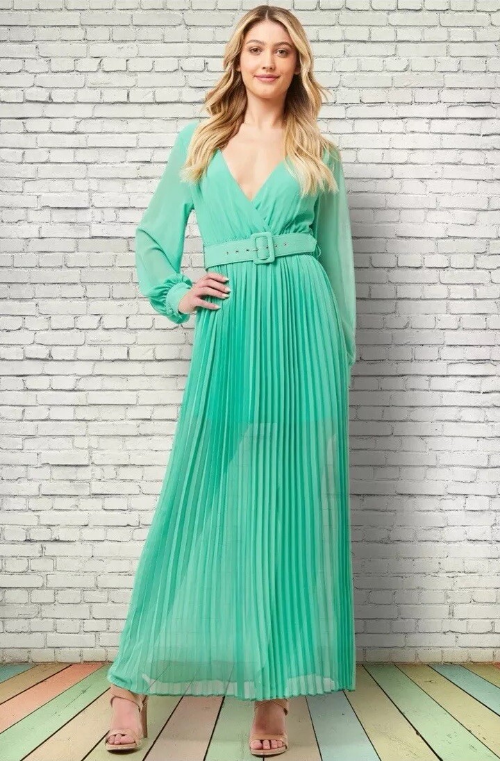green pleated v neck dress Elegant Halter Hunter Green Pleated Deep V-Neck Open Back Tie-Up Satin Maxi Dress L / Hunter Green