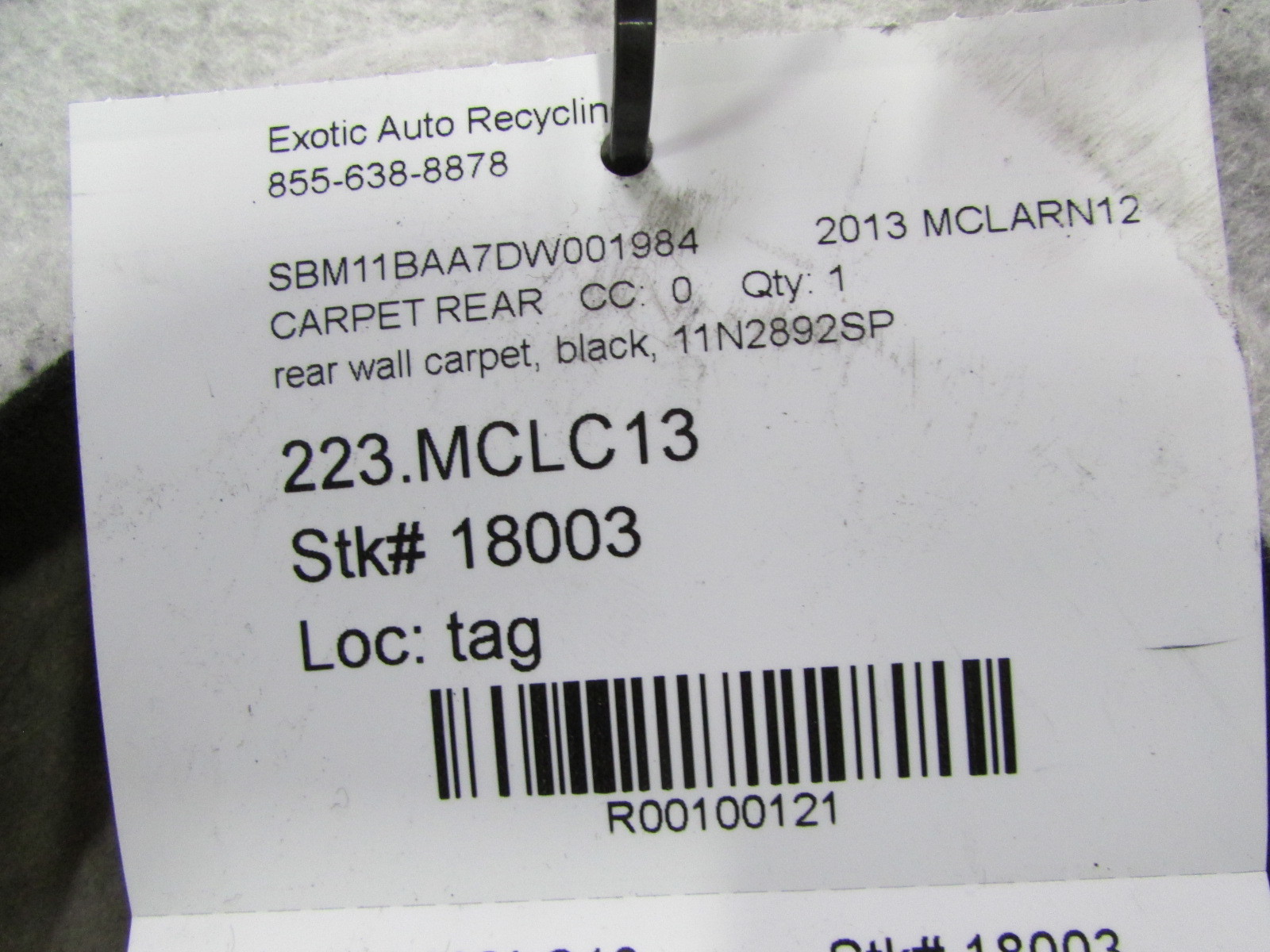 McLaren MP4-12C, Rear Wall Carpet Panel, Black, Used, P/N 11N2892SP
